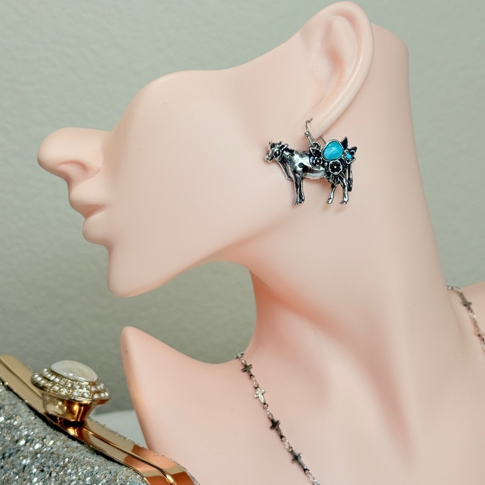 Silver and Turquoise Cow Earrings - Picture 3 of 8